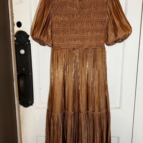 Copper Metallic Smocked Puff Sleeve Party Holiday Dress - Picture 3 of 10